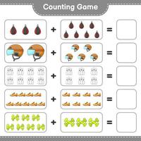 Count and match, count the number of Hockey Helmet, Running Shoes, Bowling Pin, Dumbbell Punching Bag and match with the right numbers. Educational children game, printable worksheet vector