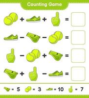 Count and match, count the number of Foam Finger, Whistle, Tennis Ball, Sneaker and match with the right numbers. Educational children game, printable worksheet, vector illustration