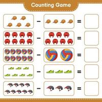 Count and match, count the number of Bicycle Helmet, Boxing Gloves, Cap Hat, Volleyball, Sneaker and match with the right numbers. Educational children game, printable worksheet, vector illustration