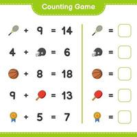 Count and match, count the number of Ping Pong Racket, Basketball, Trophy, Football Helmet, Tennis Racket and match with the right numbers. Educational children game, printable worksheet vector