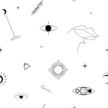 Seamless pattern with abstract astronomical objects in line art style in black and white. vector