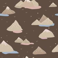 Seamless beige vector pattern with mountains on dark backdrop. Hand drawn sketch style.