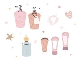 Set of drawn jars and tubes for cosmetics in doodle style. vector