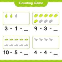 Count and match, count the number of Foam Finger, Whistle, Tennis Ball, Sneaker and match with the right numbers. Educational children game, printable worksheet, vector illustration