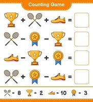 Count and match, count the number of Trophy, Running Shoes, Badminton Rackets and match with the right numbers. Educational children game, printable worksheet, vector illustration