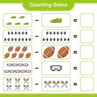 Count and match, count the number of Badminton Rackets, Dumbbell, Rugby Ball, Goggle, Soccer Shoes and match with the right numbers. Educational children game, printable worksheet, vector illustration