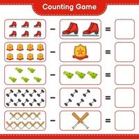 Count and match, count the number of Ice Skates, Whistle, Dumbbell, Baseball Bat, Trophy and match with the right numbers. Educational children game, printable worksheet, vector illustration