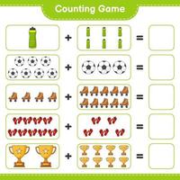 Count and match, count the number of Water Bottle, Trophy, Soccer Ball, Goalkeeper Gloves, Roller Skate and match with the right numbers. Educational children game, printable worksheet vector