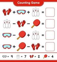 Count and match, count the number of Bowling Pin, Goggle, Ping Pong Racket, Goalkeeper Gloves and match with the right numbers. Educational children game, printable worksheet, vector illustration