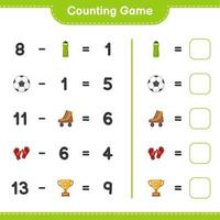 Count and match, count the number of Water Bottle, Trophy, Soccer Ball, Goalkeeper Gloves, Roller Skate and match with the right numbers. Educational children game, printable worksheet vector