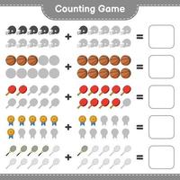 Count and match, count the number of Ping Pong Racket, Basketball, Trophy, Football Helmet, Tennis Racket and match with the right numbers. Educational children game, printable worksheet vector