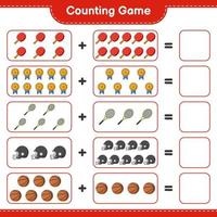 Count and match, count the number of Ping Pong Racket, Basketball, Trophy, Football Helmet, Tennis Racket and match with the right numbers. Educational children game, printable worksheet vector