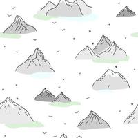Seamless vector pattern with mountains on white backdrop. Hand drawn sketch style.