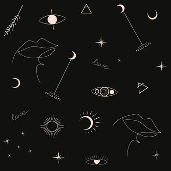 Seamless pattern with abstract astronomical objects in line art style in black and white. vector
