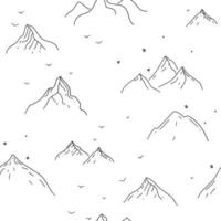 Seamless vector pattern with mountains on white backdrop. Hand drawn sketch style.