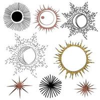 Set of abstract vector stars, planets, sun in different styles.