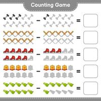 Count and match, count the number of Ice Skates, Whistle, Dumbbell, Baseball Bat, Trophy and match with the right numbers. Educational children game, printable worksheet, vector illustration