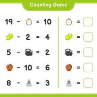 Count and match, count the number of Baseball Glove, Stopwatch, Tennis Ball, Dumbbell, Shuttlecock and match with the right numbers. Educational children game, printable worksheet, vector illustration