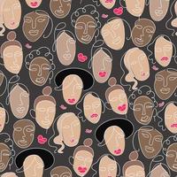 Seamless pattern with abstract female faces drawn in line-art style. Vector illustration.