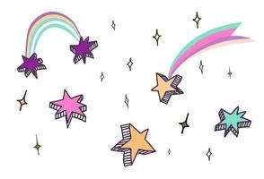 Set of drawn stars and rainbows in 80s doodle style. vector