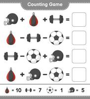 Count and match, count the number of Soccer Ball, Football Helmet, Dumbbell, Punching Bag and match with the right numbers. Educational children game, printable worksheet, vector illustration