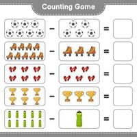 Count and match, count the number of Water Bottle, Trophy, Soccer Ball, Goalkeeper Gloves, Roller Skate and match with the right numbers. Educational children game, printable worksheet vector