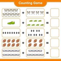 Count and match, count the number of Badminton Rackets, Dumbbell, Rugby Ball, Goggle, Soccer Shoes and match with the right numbers. Educational children game, printable worksheet, vector illustration