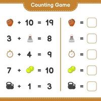 Count and match, count the number of Baseball Glove, Stopwatch, Tennis Ball, Dumbbell, Shuttlecock and match with the right numbers. Educational children game, printable worksheet, vector illustration