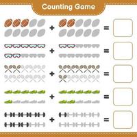 Count and match, count the number of Badminton Rackets, Dumbbell, Rugby Ball, Goggle, Soccer Shoes and match with the right numbers. Educational children game, printable worksheet, vector illustration