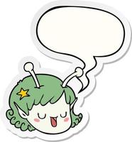 cartoon alien space girl face and speech bubble sticker vector