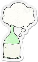 cartoon bottle and thought bubble as a distressed worn sticker vector