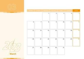 Horizontal planner for March 2023 in the orange color scheme. The week begins on Monday. A wall calendar in a minimalist style. vector