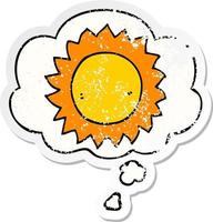 cartoon sun and thought bubble as a distressed worn sticker vector