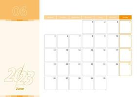 Horizontal planner for June 2023 in the orange color scheme. The week begins on Monday. A wall calendar in a minimalist style. vector