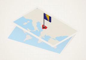 Bosnia and Herzegovina selected on map with isometric flag of Bosnia and Herzegovina. vector