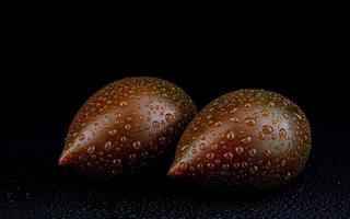 dos tomates cumato maduros con gotas de agua en la cáscara sobre un fondo negro. foto