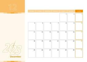 Horizontal planner for December 2023 in the orange color scheme. The week begins on Monday. A wall calendar in a minimalist style. vector