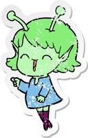 distressed sticker of a cartoon alien girl laughing vector