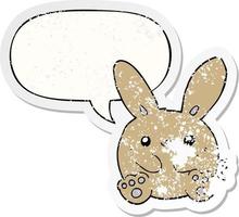 cartoon rabbit and speech bubble distressed sticker vector