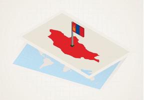 Mongolia selected on map with isometric flag of Mongolia. vector