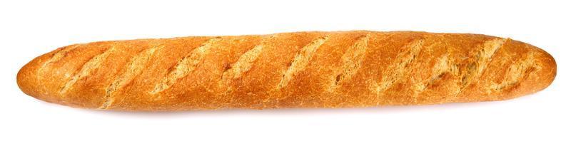 The baguette is isolated on a white background. French baguette. Top view. photo