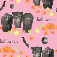 Halloween watercolor autumn seamless pattern pumpkins full moon tombstones and raven fallen leaves hand drawn illustration photo