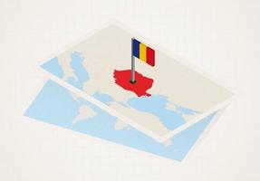 Romania selected on map with isometric flag of Romania. vector