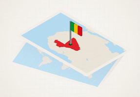 Mali selected on map with 3D flag of Mali. vector