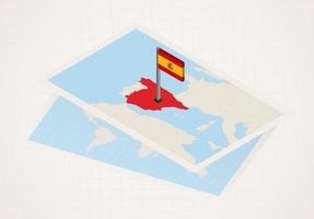 Spain selected on map with isometric flag of Spain. vector