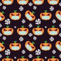 seamless pattern of halloween pumpkins wearing a mask on black background , cartoon ghost funny faces. Orange pumpkin with smile in autumn holidays.vector illustration EPS10,covid 19 vector