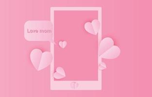 Vector illustration of mobile frame, sending message happy mother's day, decorated with light pink paper cut hearts, social media concept.