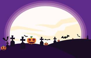 cementerio y calabaza fantasma en el fondo de la noche de luna de halloween y murciélagos diablo espeluznante en el festival en ideas de otoño, ilustración vectorial, para papel tapiz vector