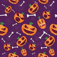 patrón sin costuras de calabazas de halloween con huesos y telarañas sobre fondo morado, caras divertidas de fantasmas de dibujos animados. calabaza naranja con una sonrisa en las vacaciones de otoño.ilustración vectorial eps10 vector