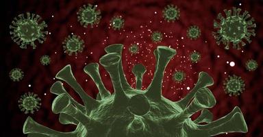 Microscope of green virus. 3D render Coronavirus concept. Scientific microbiology concept.